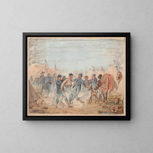 Indiana 32. vapaaehtoisrykmentin maalaus, A-yksikkö, lähellä Stones Riveria, Tennessee, tammikuu 1863 - Adolph Metzner — kehystetty taideteos seinällä