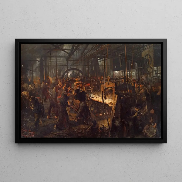 Rautatehdas, nykyaikaiset Cycloopit - Adolph von Menzel — kehystetty taideteos seinällä