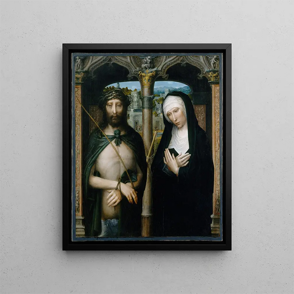 Kristus piikkikoristettu Ecce Homo ja surun suruinen Neitsyt - Adriaen Isenbrandt — kehystetty taideteos seinällä