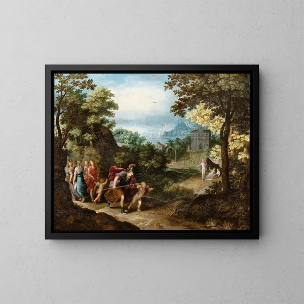 Apollon ja Minerva lähdössä muusilta Venusille, Ceresille ja Bacchukselle - Adriaen van Stalbemt — kehystetty taideteos seinällä