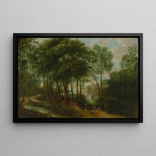 Adriaen van Stalbemt - Figures On A Wooded Path With A Building Behind.webp