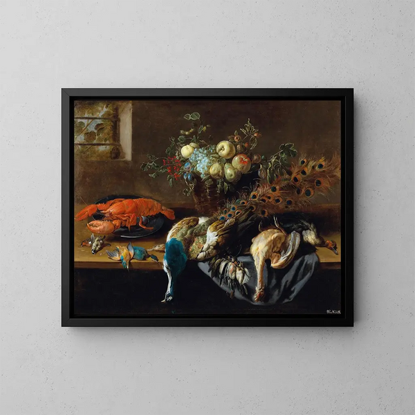 Un paon, un homard bouilli et une proie d'oiseaux - Adriaen van Utrecht — kehystetty taideteos seinällä
