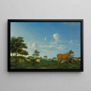 Adriaen van de Velde - A cow sheep and goats in a meadow with a shepherd asleep.webp