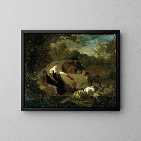 Bergers avec leur troupeau près d'un puits - Adriaen van de Velde — kehystetty taideteos seinällä
