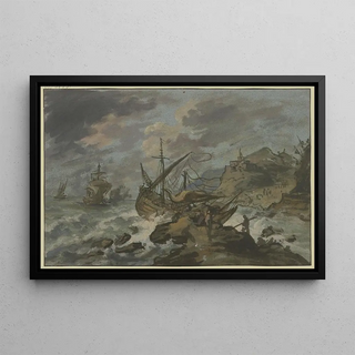 Adriaen van der Cabel - Seesturm an felsiger Kste vorne ein gestrandetes Schiff.webp