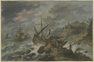 Adriaen van der Cabel - Seesturm an felsiger Kste vorne ein gestrandetes Schiff.webp