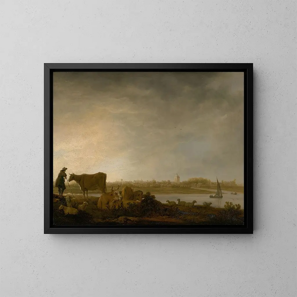 Vianenin näkymä paimen ja karjaa lähellä jokea - Aelbert Cuyp — kehystetty taideteos seinällä