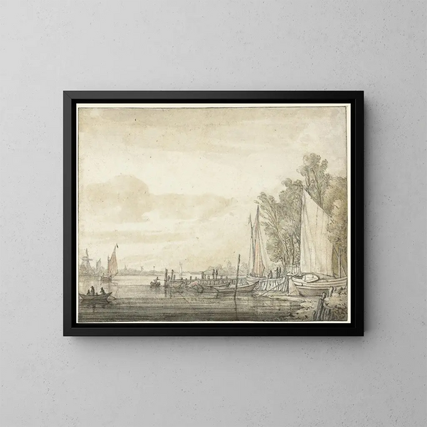 Bateaux au quai dans une rivière - Aelbert Cuyp — kehystetty taideteos seinällä
