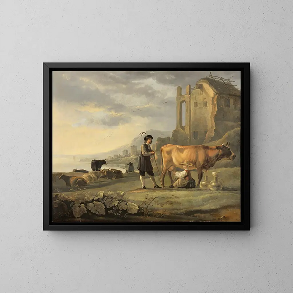 maisemasta, jossa lehmänhoitaja hoitaa lehmää - Aelbert Cuyp — kehystetty taideteos seinällä
