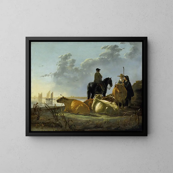 Maalaismaisema ja karjaa Merwede-joen rannalla - Aelbert Cuyp — kehystetty taideteos seinällä