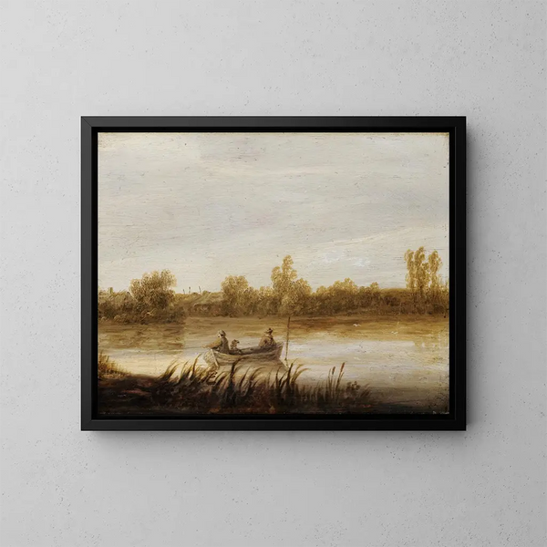 jokimaisemasta kalastajien kanssa veneessä - Aelbert Cuyp — kehystetty taideteos seinällä