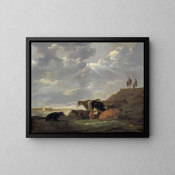 jokilaaksosta ja lehmäistä - Aelbert Cuyp — kehystetty taideteos seinällä