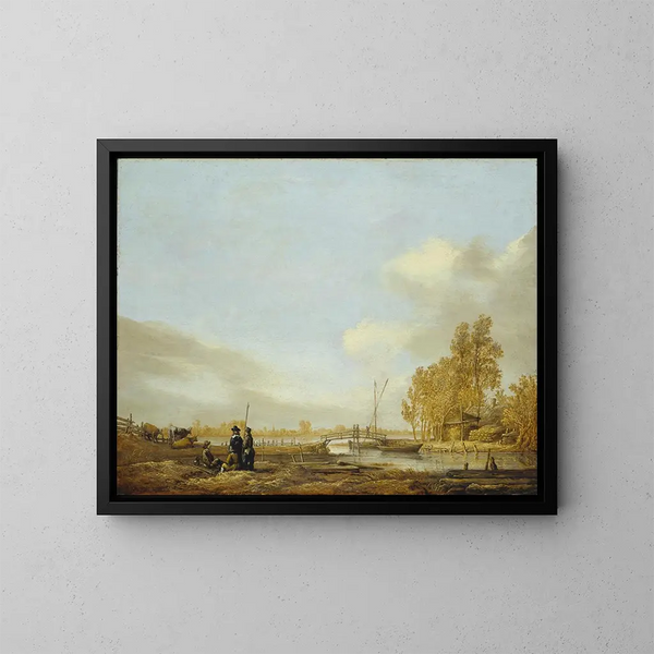 jokilaaksosta, jossa on puinen silta - Aelbert Cuyp — kehystetty taideteos seinällä