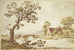 Ferme near a stone bridge on which a rider in a red cloak accompanied by a dog wants to pass - Aernout Ter Himpel — näkymä teoksesta