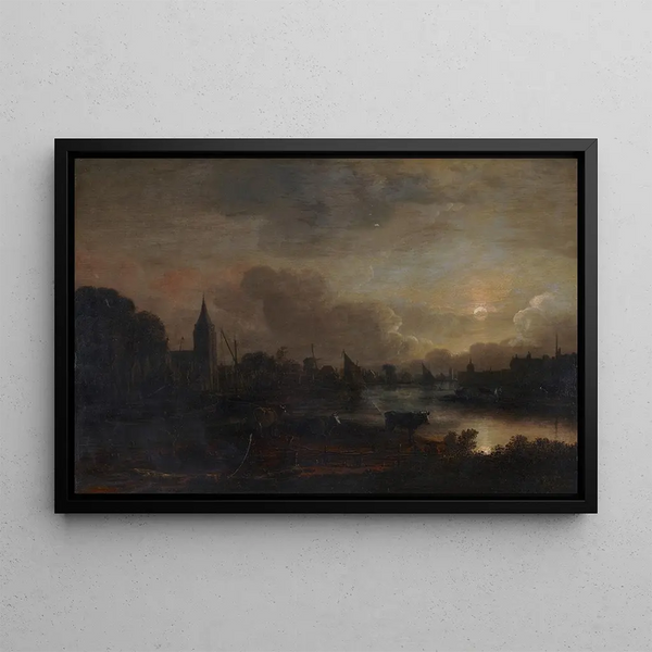 Maisema kuunvalossa - Aert van der Neer — kehystetty taideteos seinällä