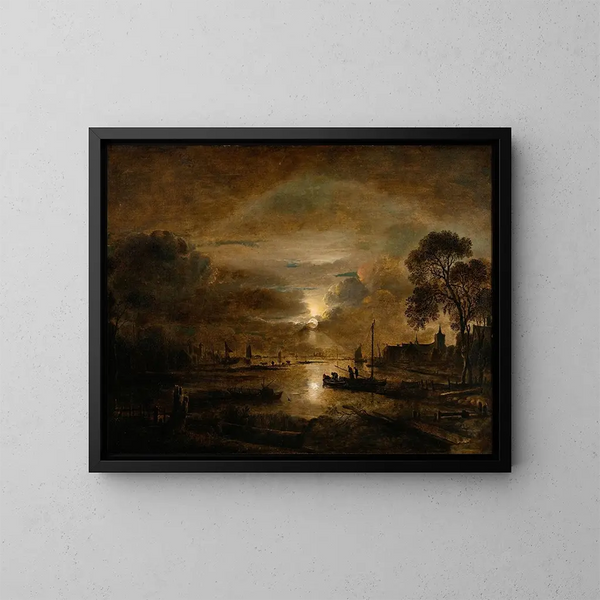 Lumière de lune sur une rivière néerlandaise - Aert van der Neer — kehystetty taideteos seinällä