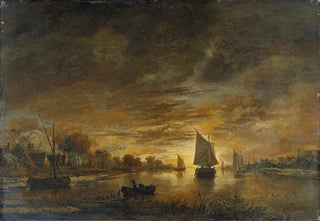 Aert van der Neer - River Landscape with Ships at Moonrise.webp