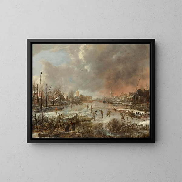 Talvimaisema urheilijoista jäätyneellä joella - Aert van der Neer — kehystetty taideteos seinällä