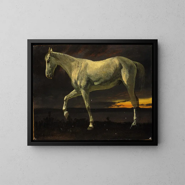 Valkoinen hevonen ja auringonlasku - Albert Bierstadt — kehystetty taideteos seinällä