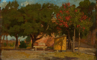 Albert Lang - Htte mit Bank unter herbstlichen Bumen.webp