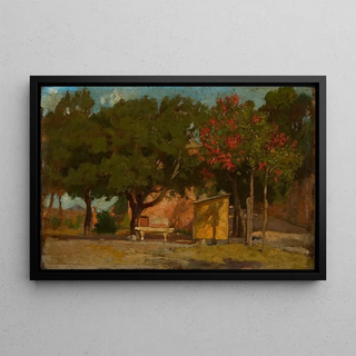 Albert Lang - Htte mit Bank unter herbstlichen Bumen.webp