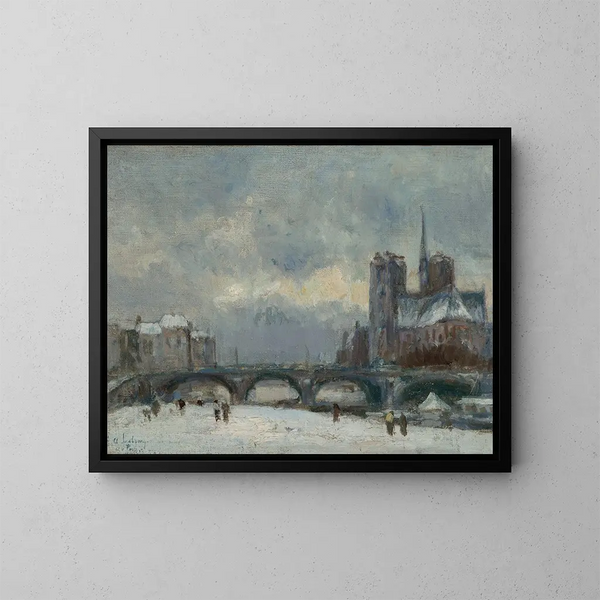 Pariisi Notre-Dame lumisateessa - Albert Lebourg — kehystetty taideteos seinällä