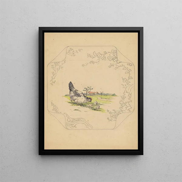 Albert Louis Dammouse - Ontwerp voor bord van het model Square met een hen en drie kuikens.webp