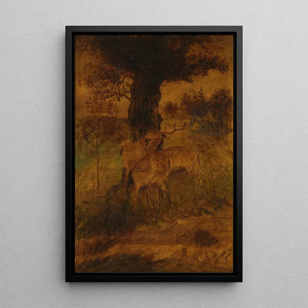 Yksinäinen hirvi ja kaksi peuraa - Albert Pinkham Ryder — kehystetty taideteos seinällä