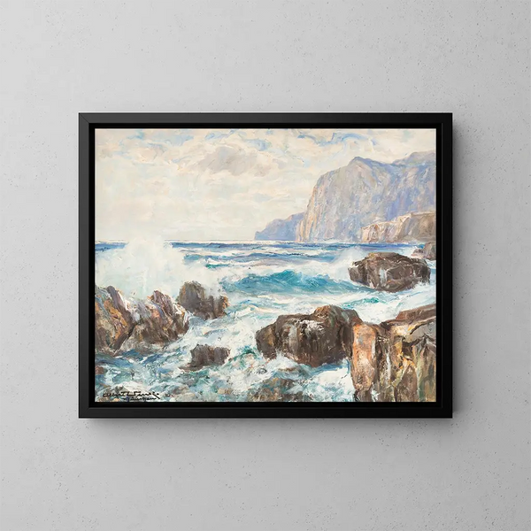 Vagues sur une côte rocheuse - Albert Wenk — kehystetty taideteos seinällä
