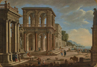 Alessandro Salucci - A capriccio with an ionic portico a fountain a two story loggia a Gothic palace and figures on a quay.webp