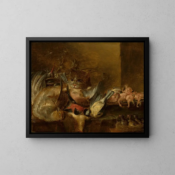 Kuolleet linnut ja kissa - Alexander Adriaenssen — kehystetty taideteos seinällä