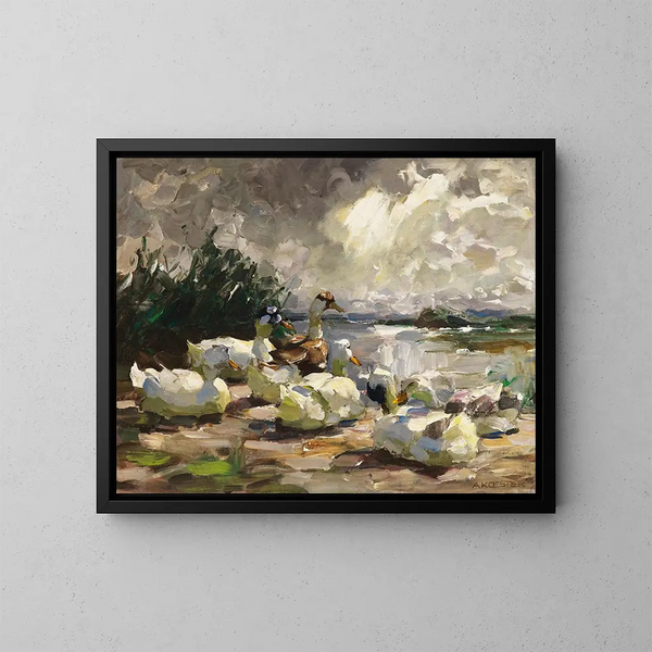Canards au bord de l'eau, ambiance nuageuse - Alexander Koester — kehystetty taideteos seinällä