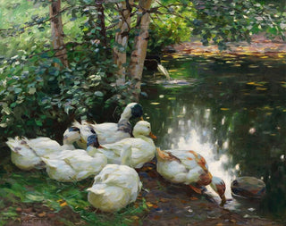 Alexander Koester - Sechs Enten am Teichufer.webp