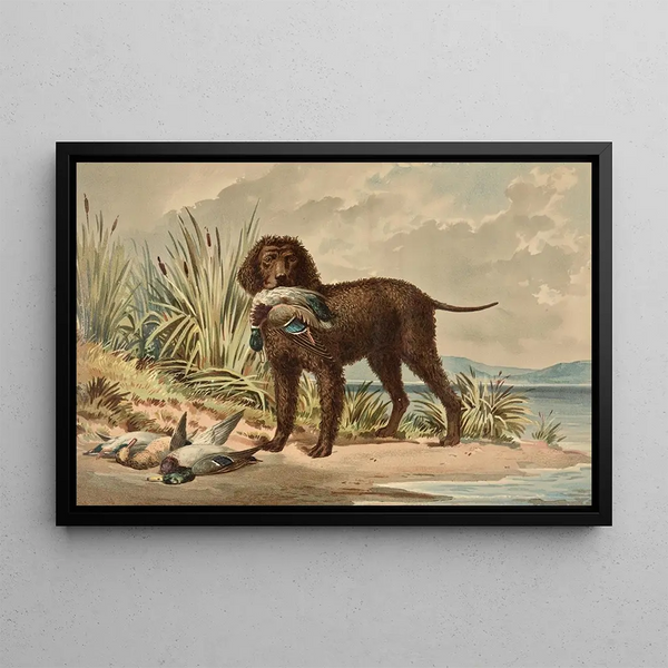 Alexander Pope Jr - Standing Curly Coated Retriever Mallard Duck in mouth three more ducks on ground.webp