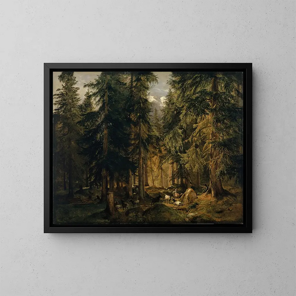 Metsä korkeissa vuoristossa vuohenlauman kanssa - Alexandre Calame — kehystetty taideteos seinällä