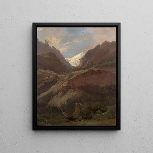 Näkymä Wetterhornista ja Reichenbachista Meiringenistä - Alexandre Calame — kehystetty taideteos seinällä