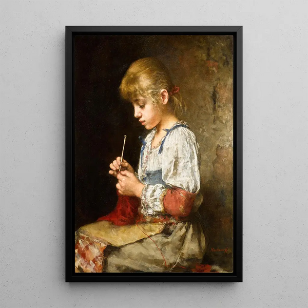 Tytär virkkaamassa - Alexei Harlamoff — kehystetty taideteos seinällä