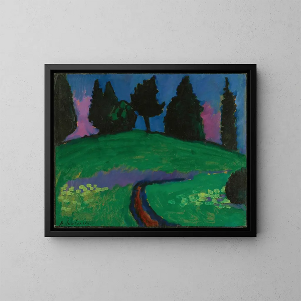 Pimeät puut vihreällä rinteellä - Alexej von Jawlensky — kehystetty taideteos seinällä