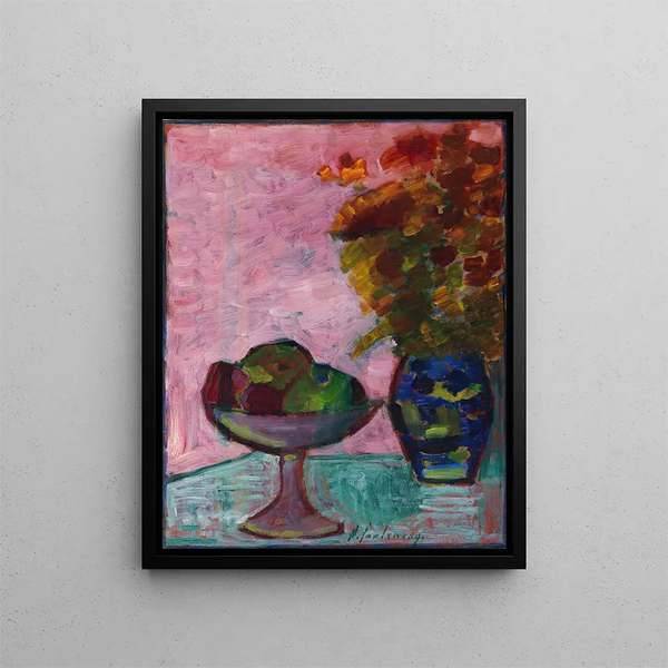 Luontoaiheinen asetelma hedelmäkulholla ja kukkavase - Alexej von Jawlensky — kehystetty taideteos seinällä