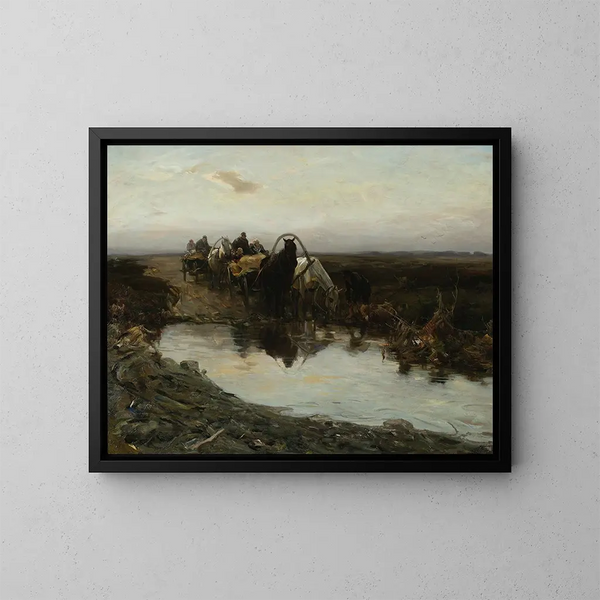 Chariots de paysans devant une flaque d'eau - Alfred von Wierusz-Kowalski — kehystetty taideteos seinällä