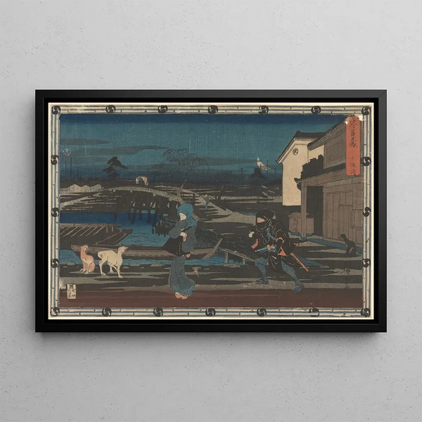 Yöhyökkäys Chushinguran Honzosta - Andō Hiroshige — kehystetty taideteos seinällä