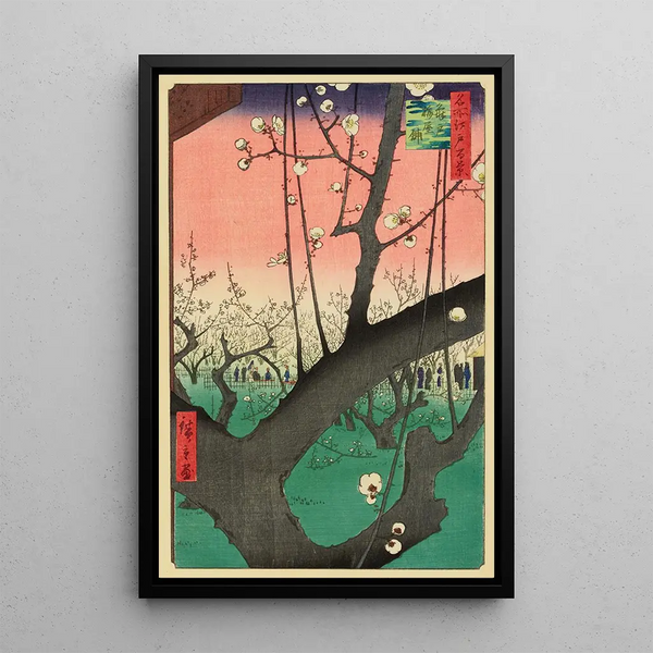 Kirsikkapuutarhan maalaus Kameido - Andō Hiroshige — kehystetty taideteos seinällä