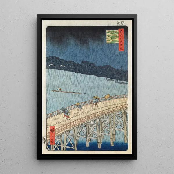 Äkillinen sadekuuro maalaus Ohashi- ja Atake-sillalla - Andō Hiroshige — kehystetty taideteos seinällä