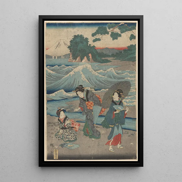 Kolme naista ja aallot - Andō Hiroshige — kehystetty taideteos seinällä