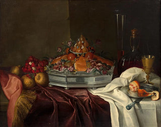 Andr Bouys - Silver epergne with candied fruits and brioche wild strawberries and carafe on an entablure.webp