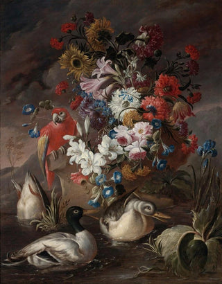 Andrea Belvedere - Floral Still Life With A Parrot And Ducks.webp
