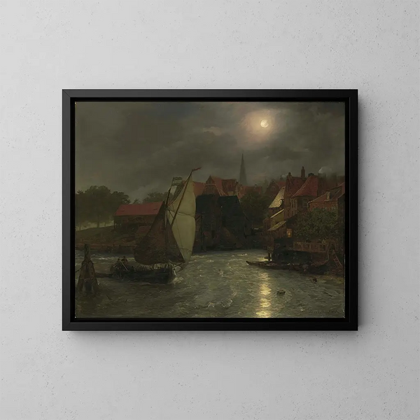 Bateaux sur un canal au clair de lune - Andreas Achenbach — kehystetty taideteos seinällä