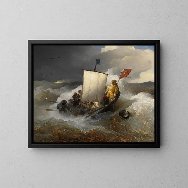 Kalastajalaiva myrskyisellä merellä - Andreas Achenbach — kehystetty taideteos seinällä