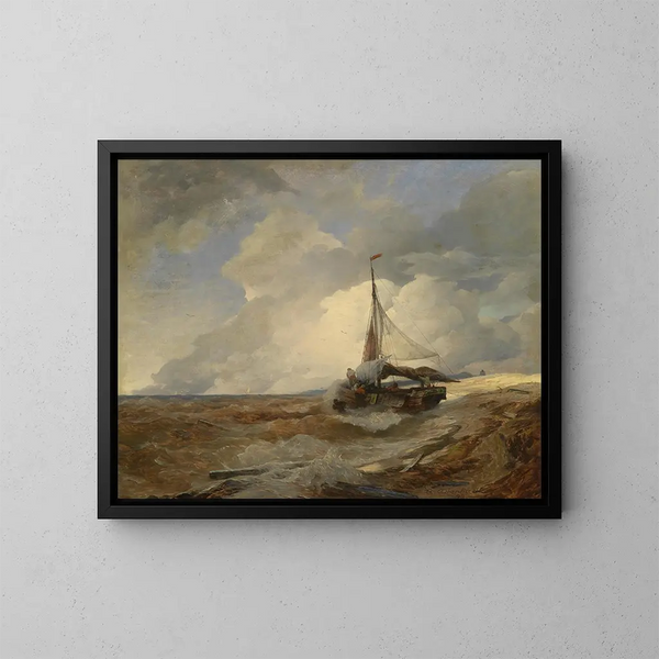 Hätämeressä oleva kalastajalaiva - Andreas Achenbach — kehystetty taideteos seinällä