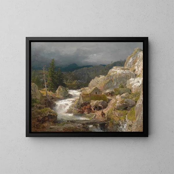 Mylly joen rannalla - Andreas Achenbach — kehystetty taideteos seinällä